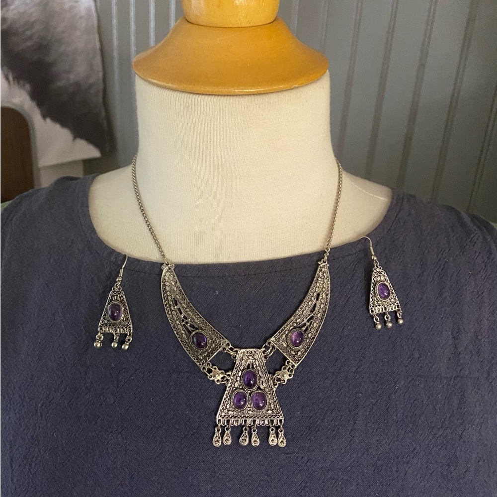 Boho amethyst cabochon earrings and necklace set